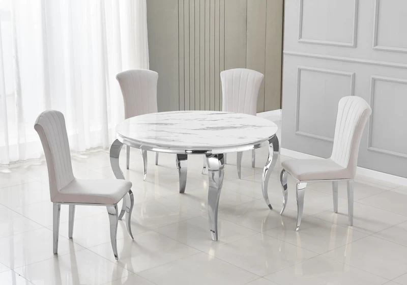 Table à manger ronde marbre blanc pieds argent - Neo
