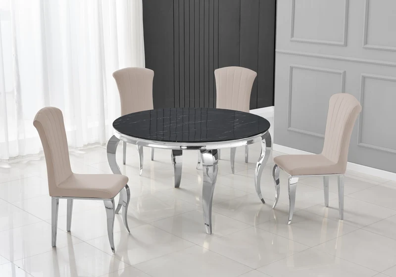 Table ronde marbre noir et 4 chaises argent – Neo