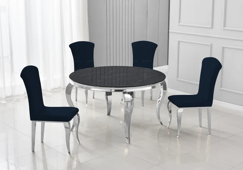 Table ronde marbre noir et 4 chaises argent – Neo