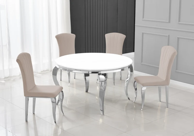 Table ronde verre blanc et 4 chaises argent – Neo