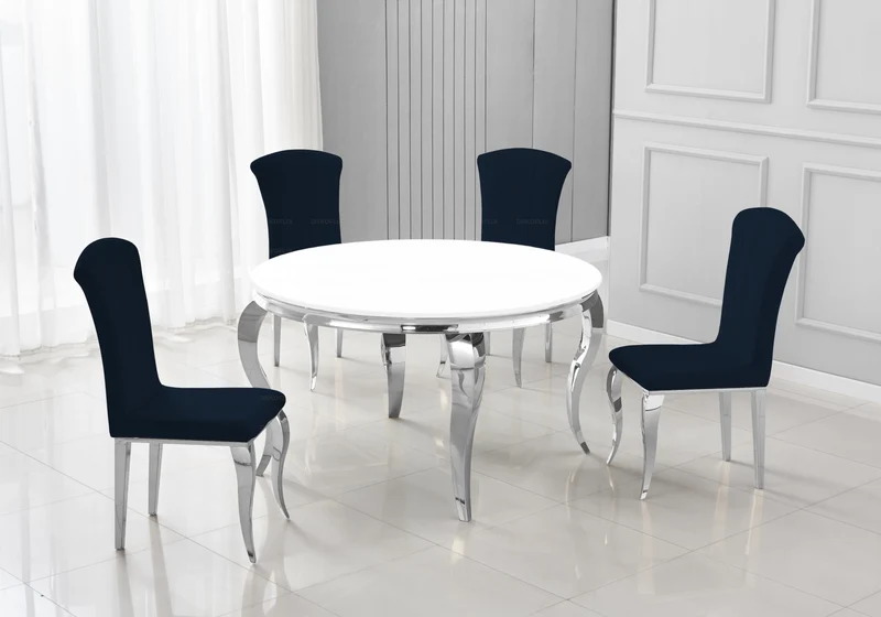 Table à manger ronde verre blanc pieds argent - Neo