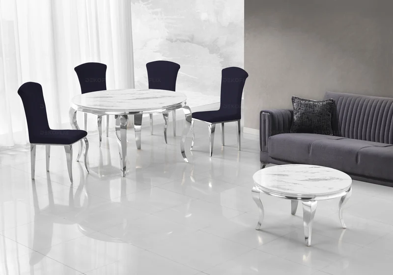Salle à manger ronde marbre blanc argent – Neo