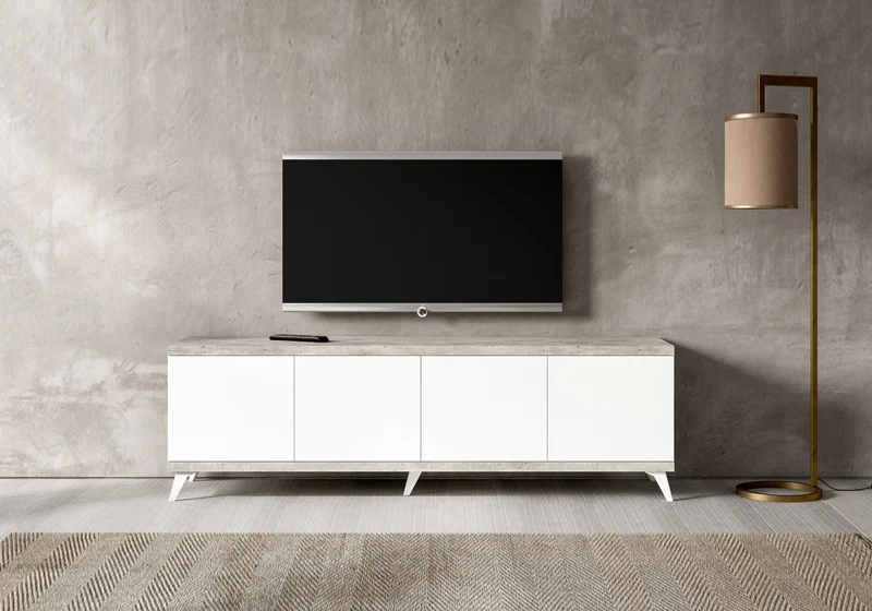 Meuble TV 200 cm blanc laqué effet béton – Treviso