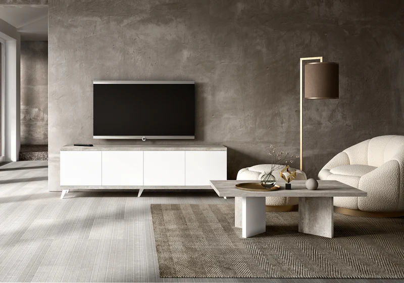 Meuble TV 200 cm blanc laqué effet béton – Treviso