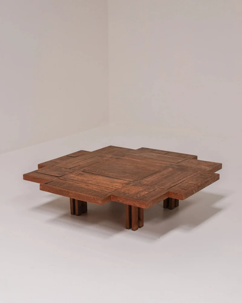 Unique Dutch Brutalist Square Oak Coffee Table, Netherlands, 20th Century