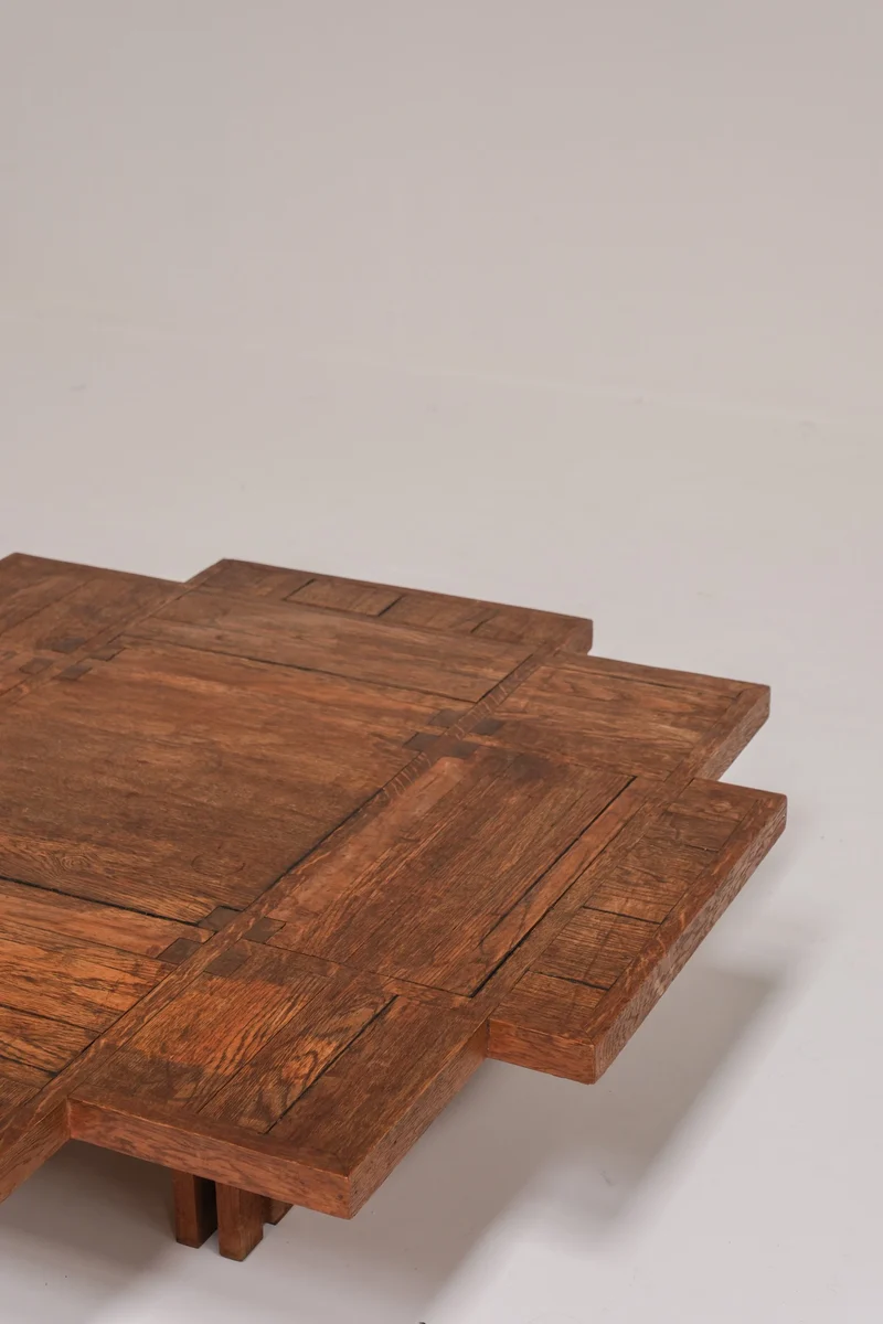 Unique Dutch Brutalist Square Oak Coffee Table, Netherlands, 20th Century