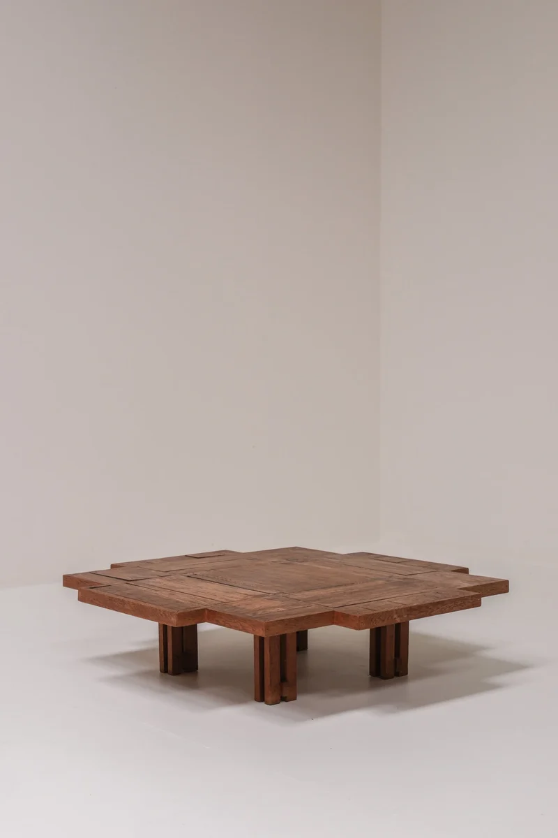 Unique Dutch Brutalist Square Oak Coffee Table, Netherlands, 20th Century