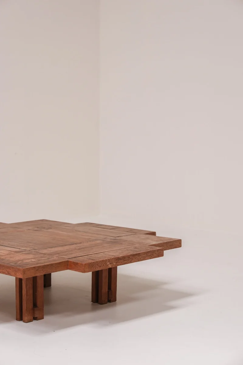 Unique Dutch Brutalist Square Oak Coffee Table, Netherlands, 20th Century