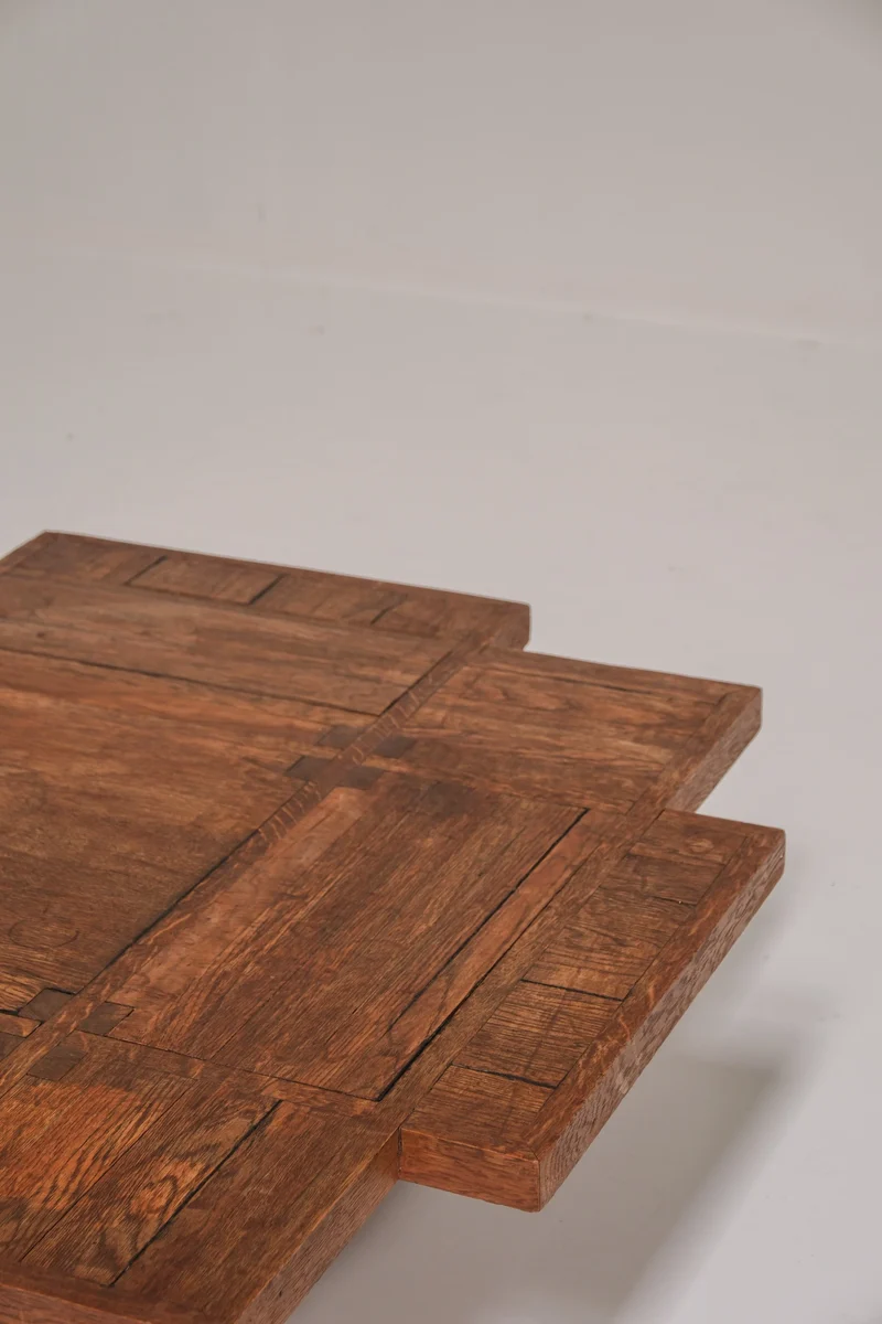 Unique Dutch Brutalist Square Oak Coffee Table, Netherlands, 20th Century