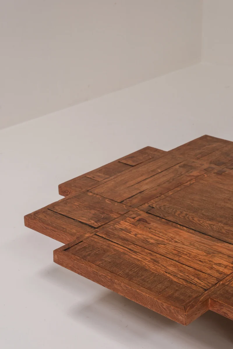 Unique Dutch Brutalist Square Oak Coffee Table, Netherlands, 20th Century