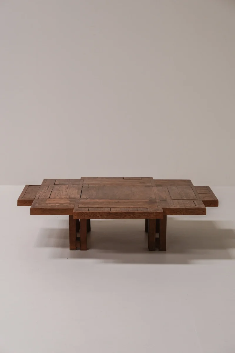 Unique Dutch Brutalist Square Oak Coffee Table, Netherlands, 20th Century