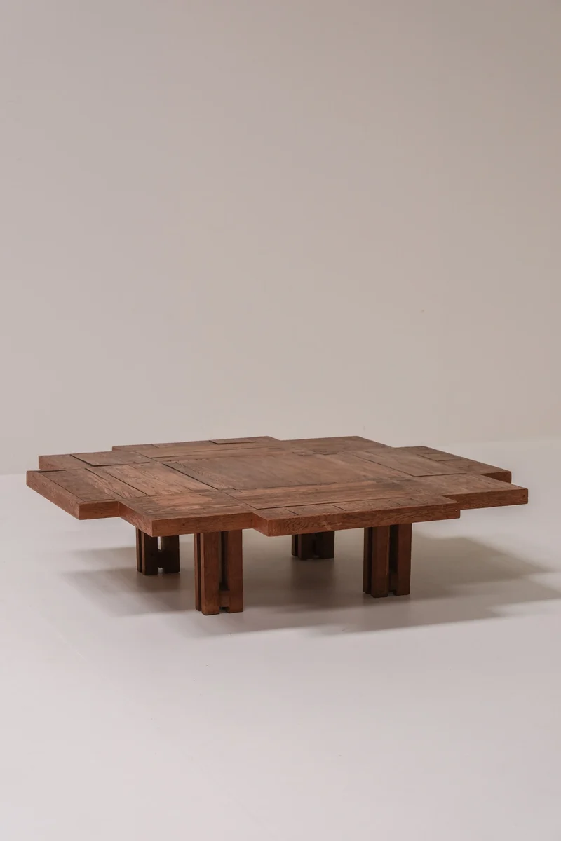 Unique Dutch Brutalist Square Oak Coffee Table, Netherlands, 20th Century