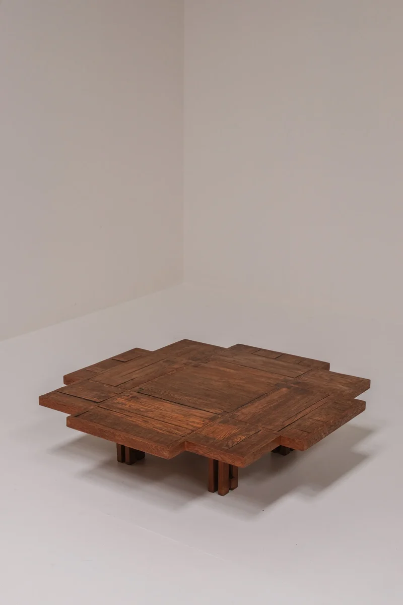 Unique Dutch Brutalist Square Oak Coffee Table, Netherlands, 20th Century