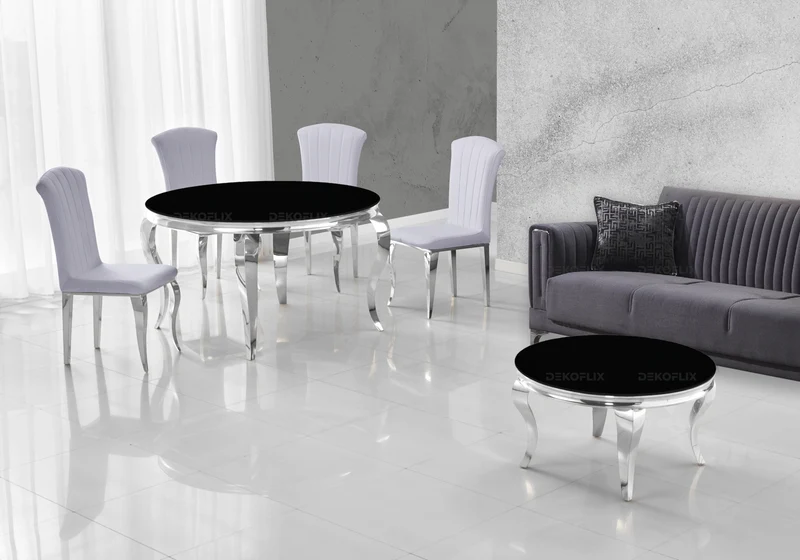 Salle à manger ronde verre noir argent – Neo