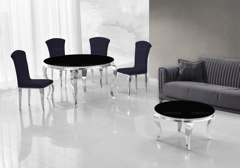 Salle à manger ronde verre noir argent – Neo