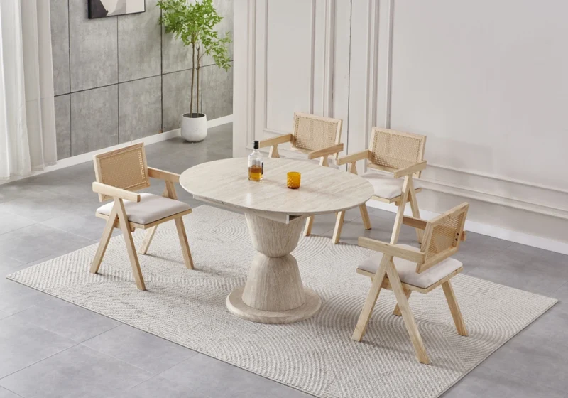 Ensemble table ronde extensible travertin et chaises cannage - Pietra