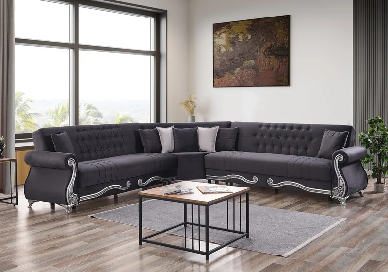 Canapé d’angle baroque gris convertible avec coffre – ALYA