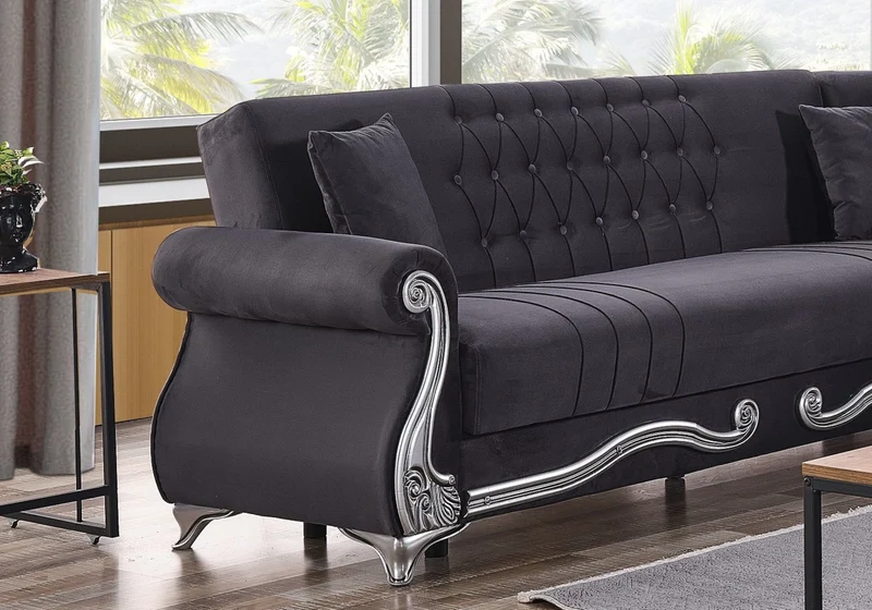 Canapé d’angle baroque gris convertible avec coffre – ALYA