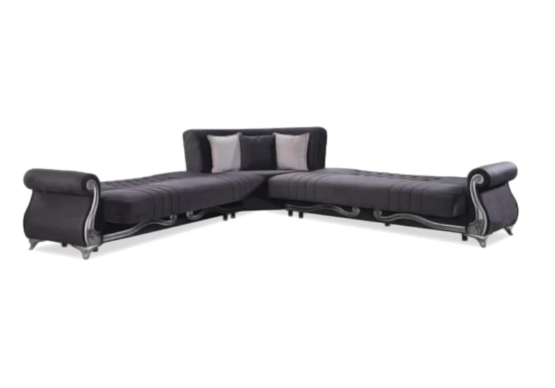 Canapé d’angle baroque gris convertible avec coffre – ALYA