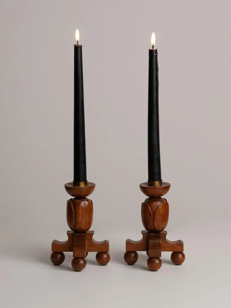 Pair of Hand Carved Wooden Tulip Candleholders, 1960s