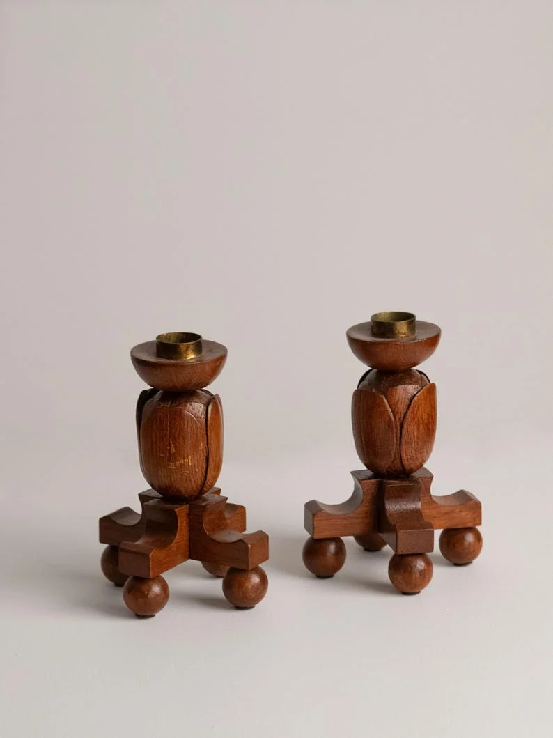 Pair of Hand Carved Wooden Tulip Candleholders, 1960s