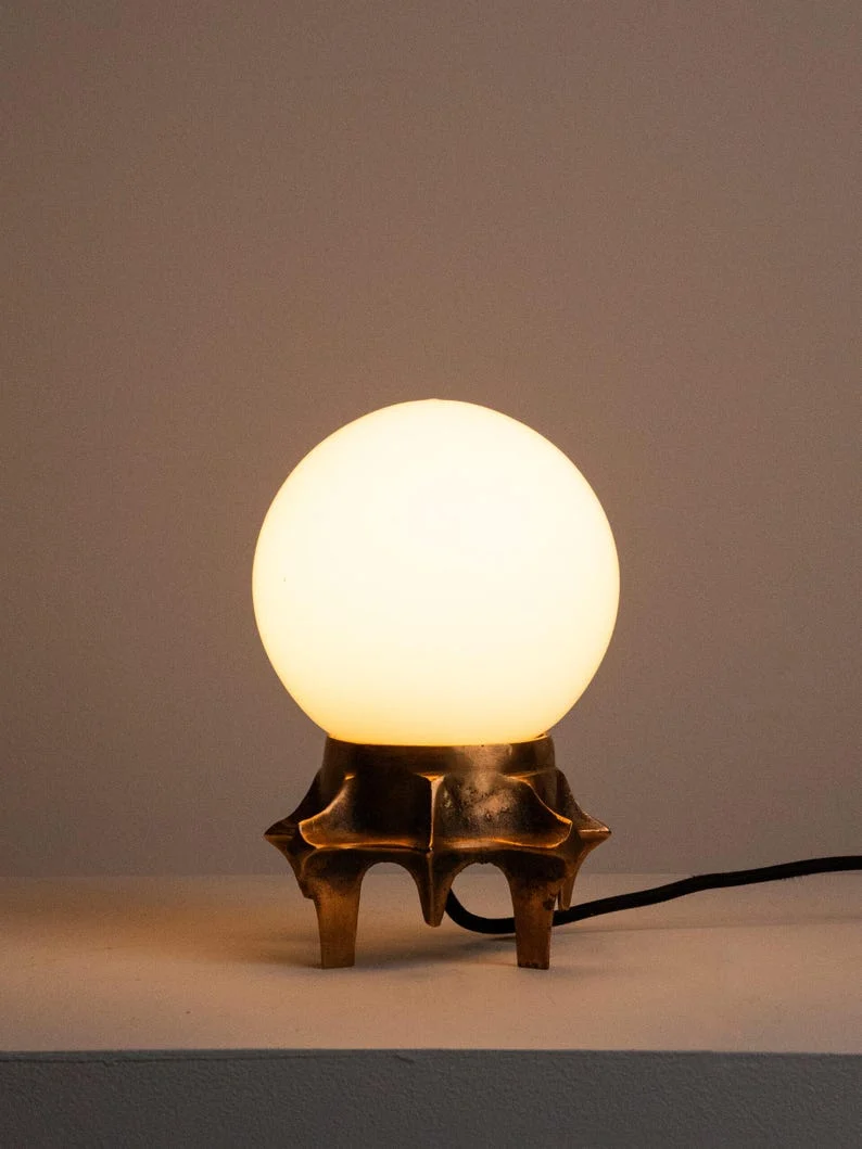 Vintage Brutalist Table Lamp, Tripod Cast Metal Base, Opaline Glass Globe Shade, 1970s