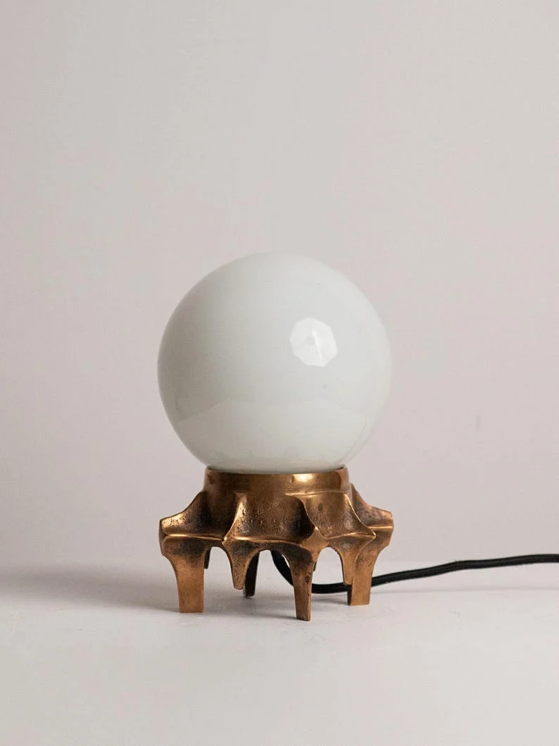 Vintage Brutalist Table Lamp, Tripod Cast Metal Base, Opaline Glass Globe Shade, 1970s