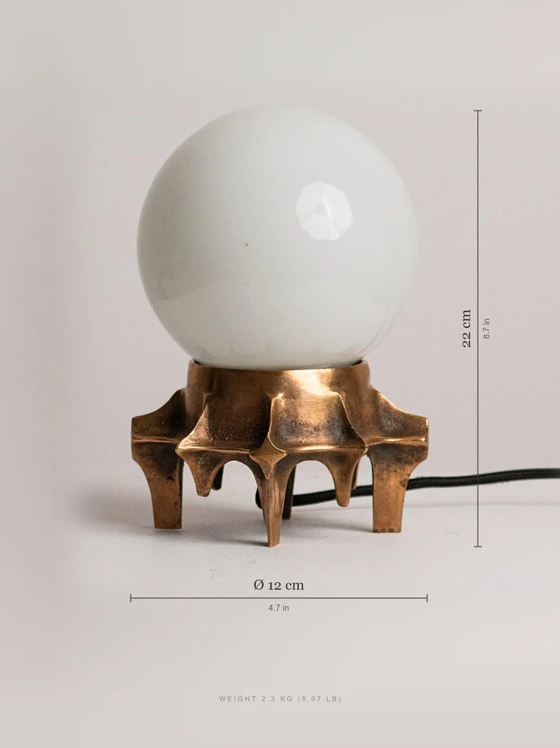 Vintage Brutalist Table Lamp, Tripod Cast Metal Base, Opaline Glass Globe Shade, 1970s