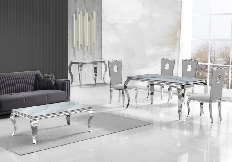 Salle à manger complète marbre gris argent – Neo