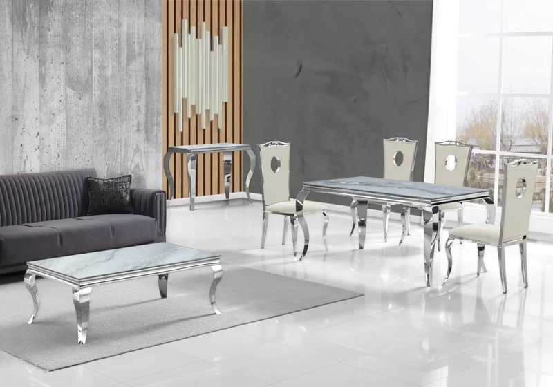 Salle à manger complète marbre gris argent – Neo