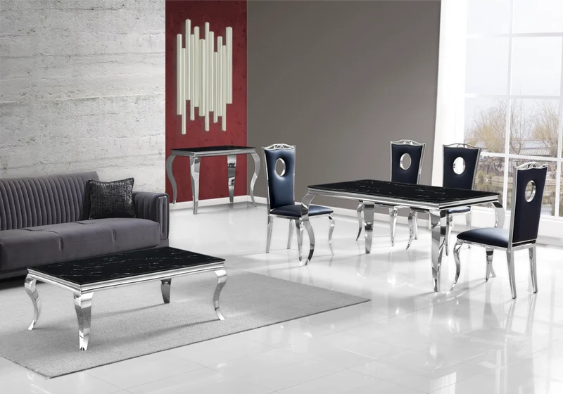 Salle à manger complète marbre noir argent – Neo