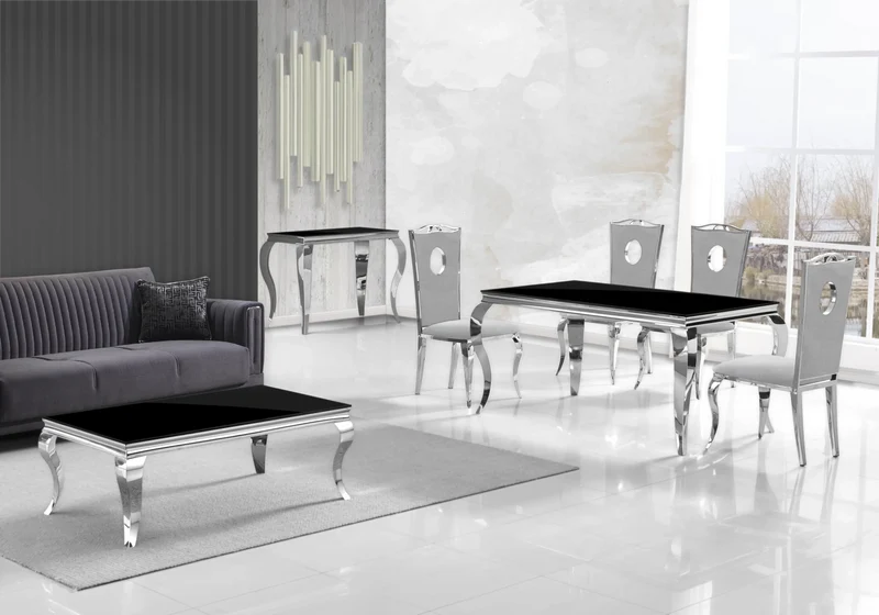 Salle à manger complète verre noir argent – Neo