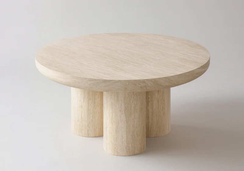 Ensemble table ronde travertin et chaises cannage - Lumia