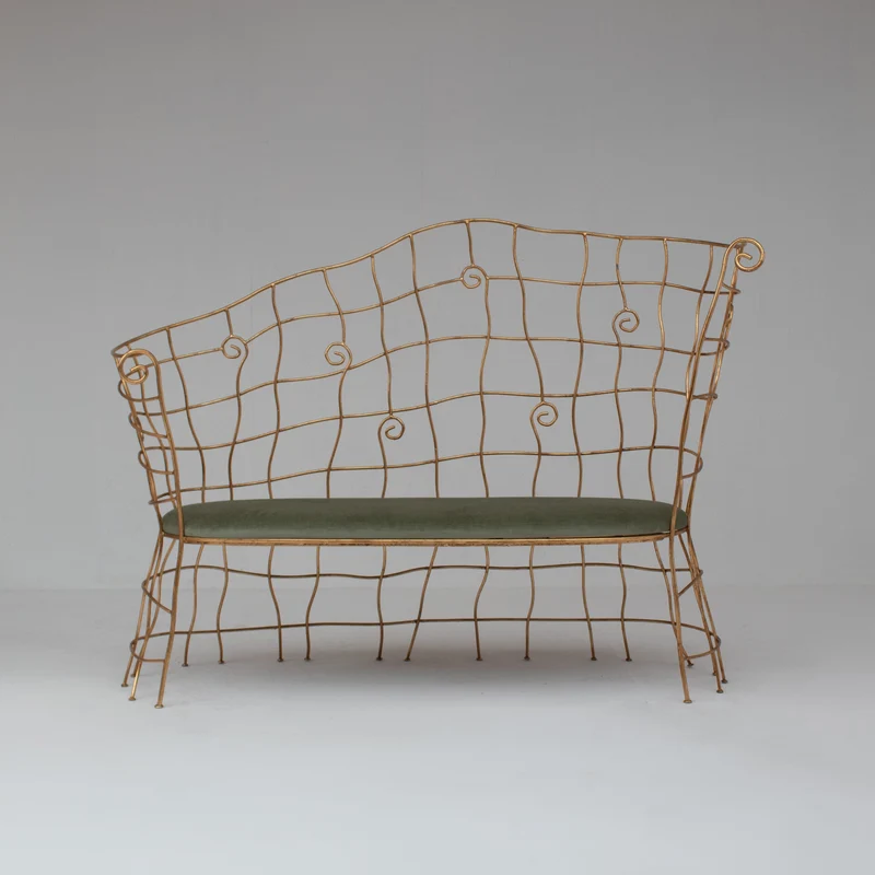 Sculptural Gilt Metal Bench with Green Upholstery