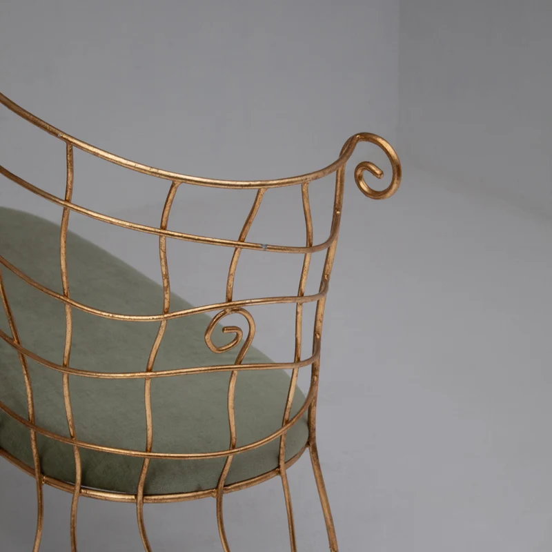 Sculptural Gilt Metal Bench with Green Upholstery