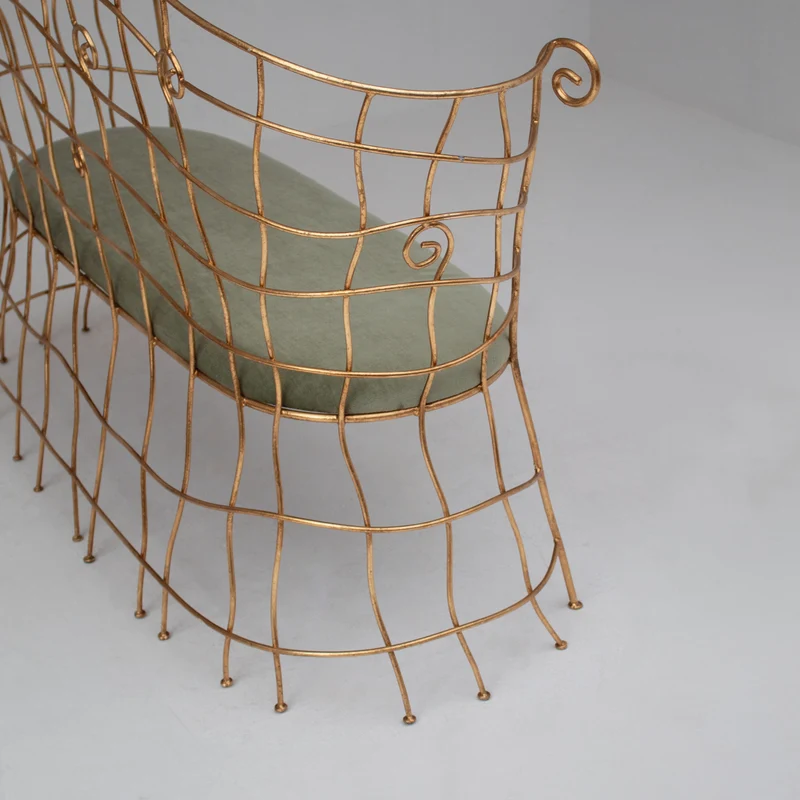 Sculptural Gilt Metal Bench with Green Upholstery