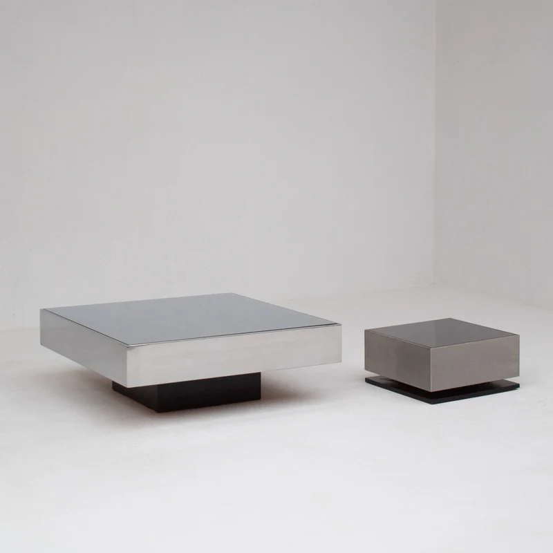 Pair of Italian Smoked Glass and Brushed Metal Coffee Tables