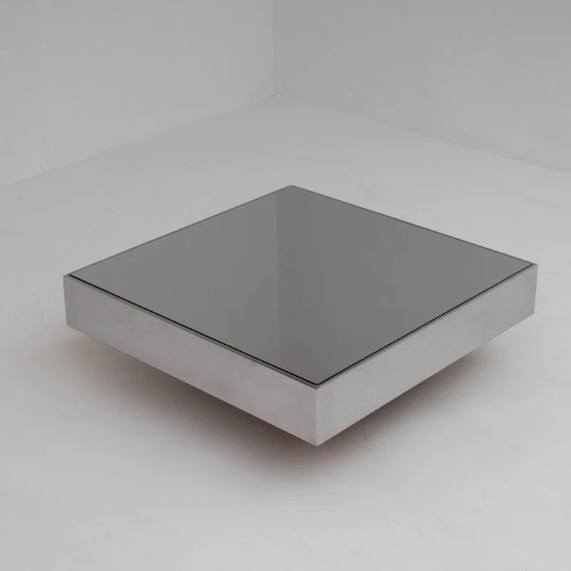 Pair of Italian Smoked Glass and Brushed Metal Coffee Tables