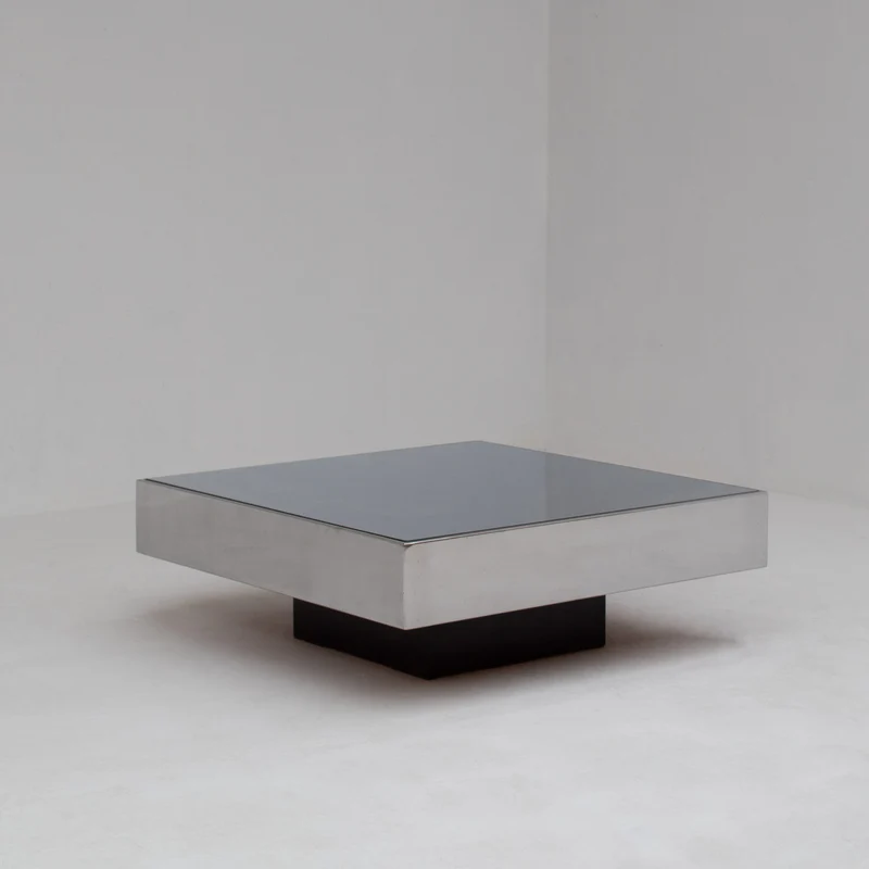 Pair of Italian Smoked Glass and Brushed Metal Coffee Tables