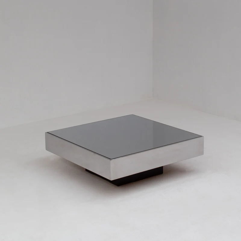 Pair of Italian Smoked Glass and Brushed Metal Coffee Tables