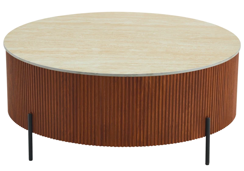 Table basse ronde travertin pied bois - Lira