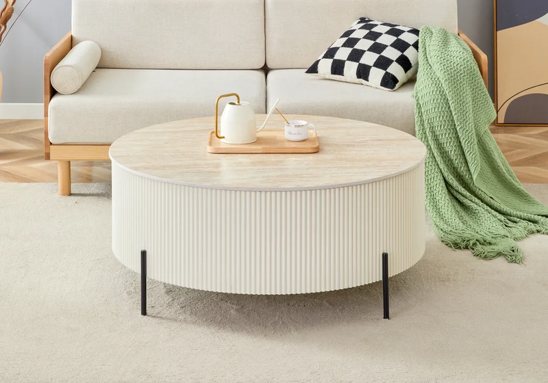Table basse ronde travertin pied cannelé beige - Lira