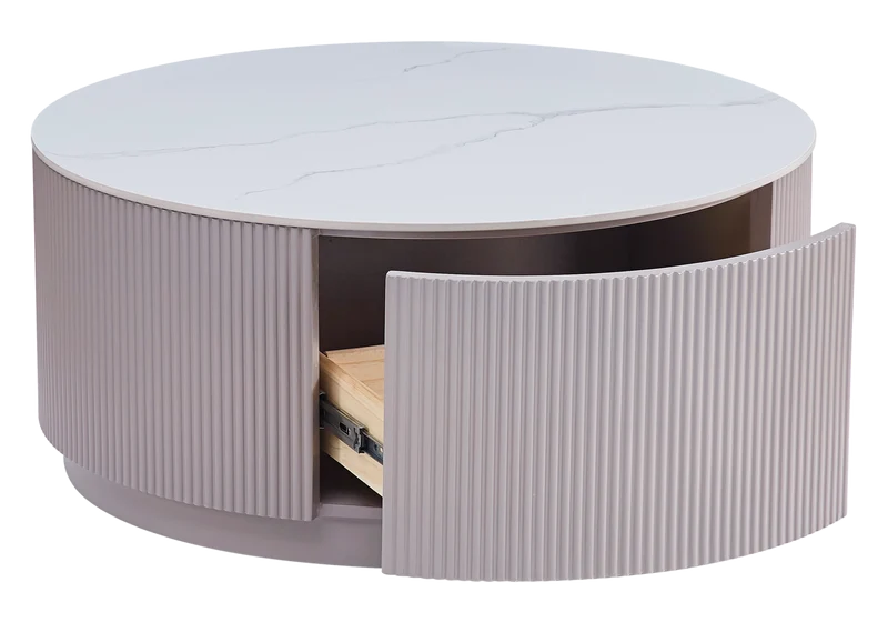 Table basse ronde marbre blanc bois avec tiroirs - Lucia