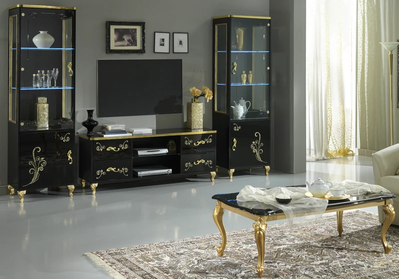 Ensemble meuble TV baroque noir doré - ROSA