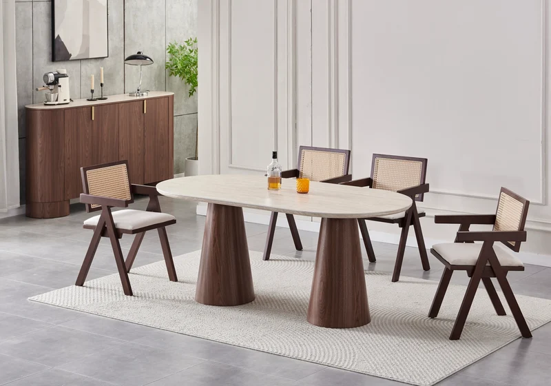 Ensemble table travertin et chaises noyer cannage - Monza