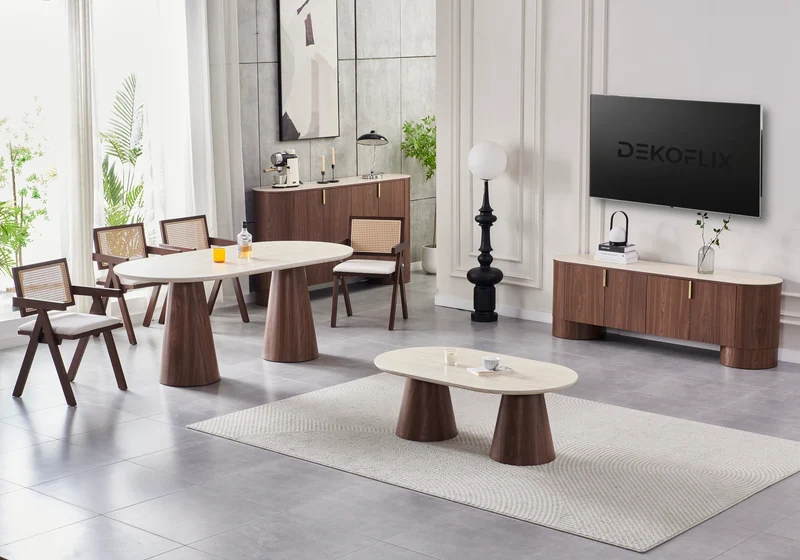 Ensemble table travertin et chaises noyer cannage - Monza