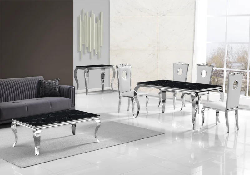 Ensemble table marbre noir et 4 chaises argent – Neo