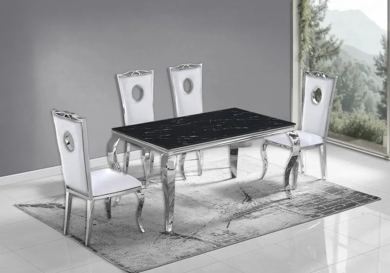 Ensemble table marbre noir et 4 chaises argent – Neo