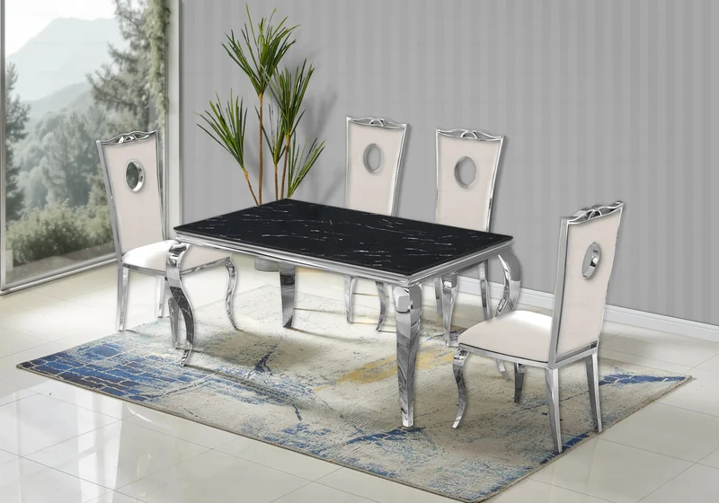 Ensemble table marbre noir et 4 chaises argent – Neo