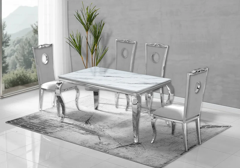 Ensemble table marbre blanc et 4 chaises argent – Neo